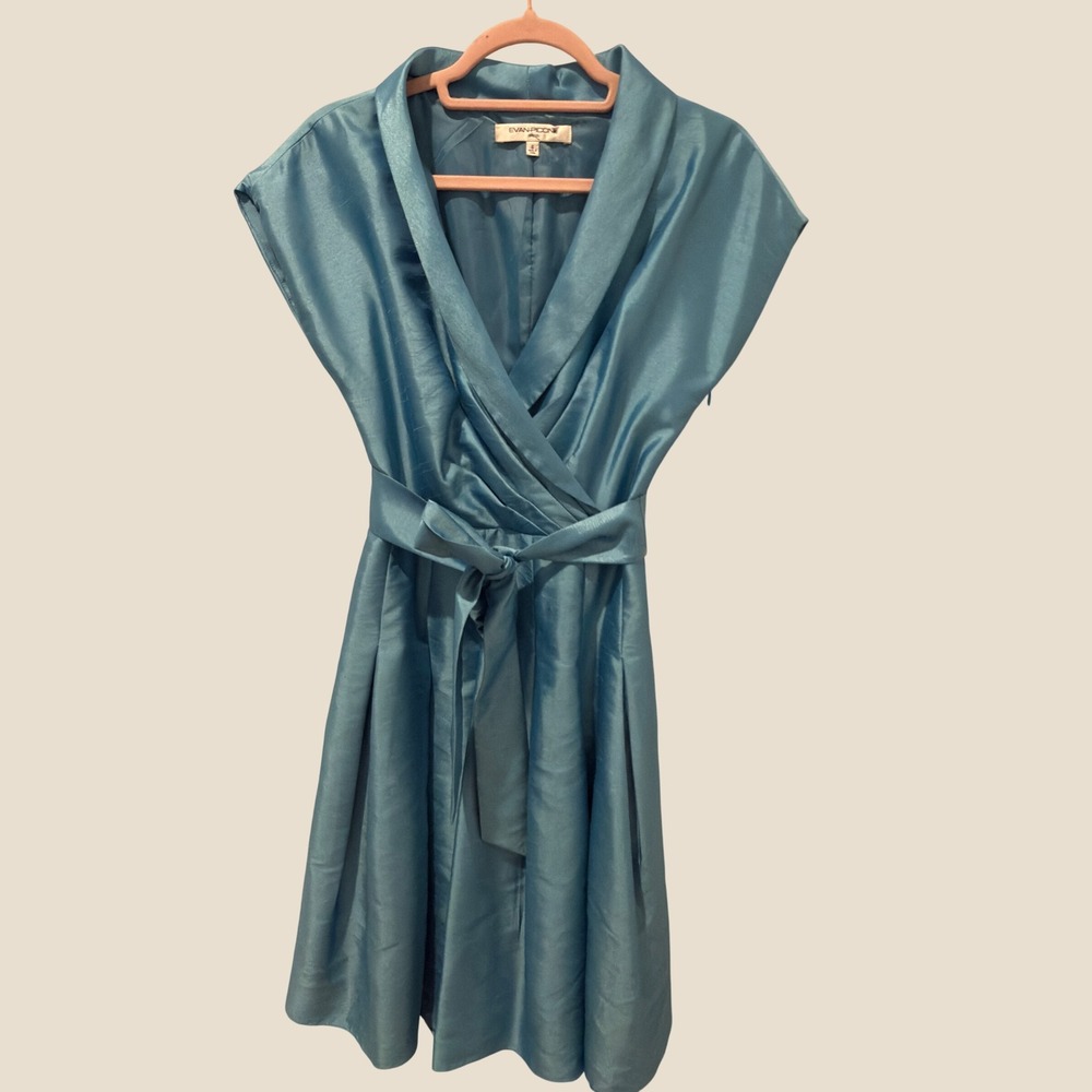Evan-Picone Teal Blue Satin Wrap Front Fit and Flare Cocktail Dress